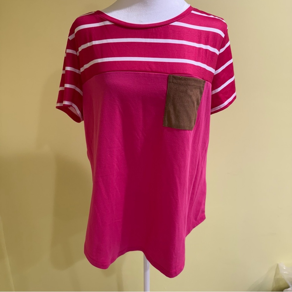 Vibrant Pink Striped Tee with Brown Pocket - Picture 4 of 10